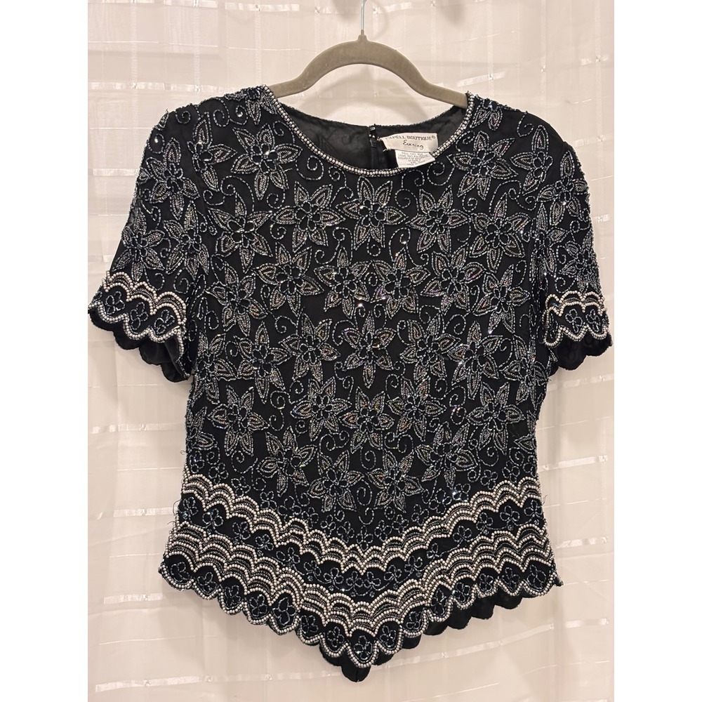 Papell Boutique Evening Silk Beaded Sequin Top Black Floral Pearl Size M